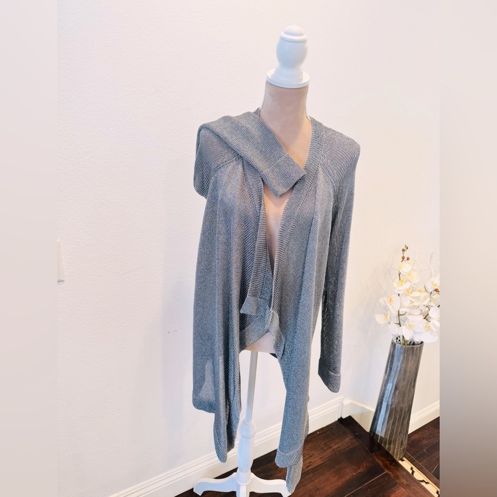 VINCE Sweater Womens Medium Silver Cardigan Metallic Waterfall Open Front